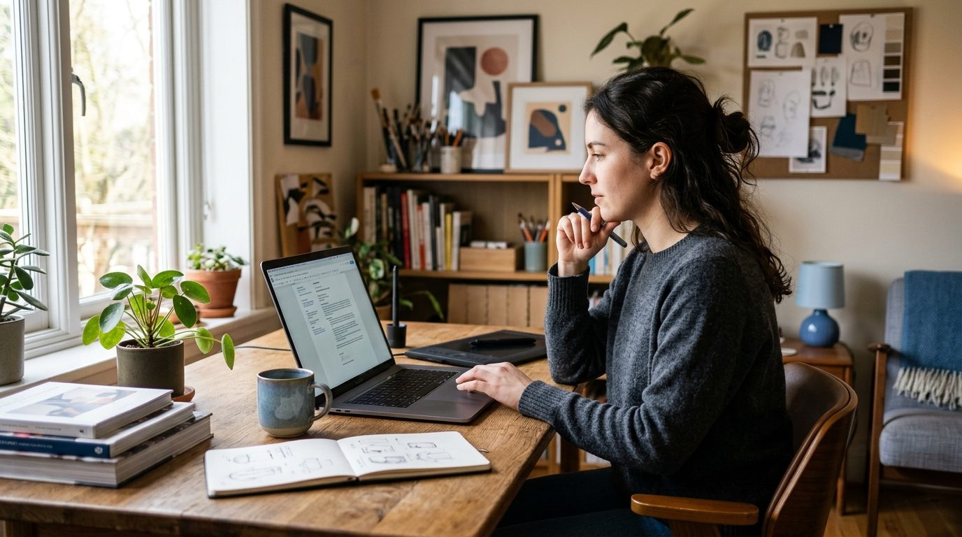 Freelancer reviewing a tailored job application draft on a laptop